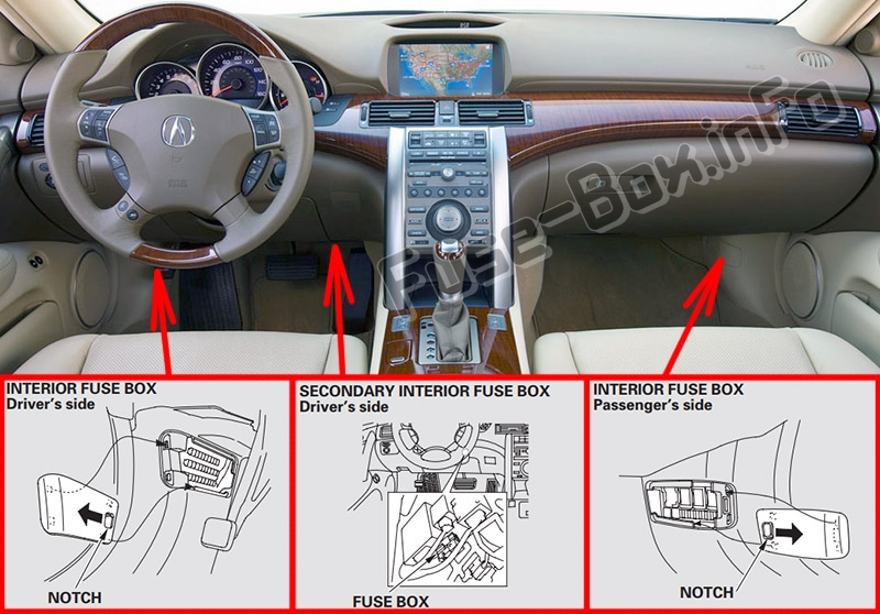 Sigortaların yolcu bölmesindeki yeri: Acura RL (KB1 / KB2; 2005-2012)