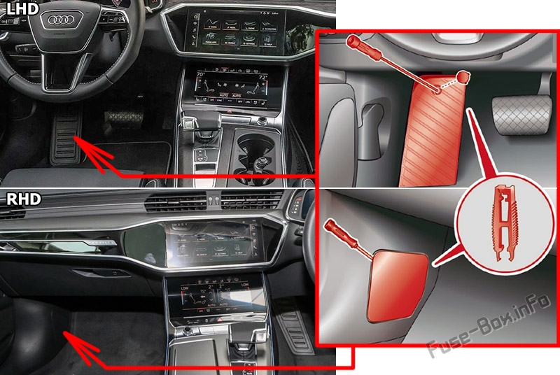 Sigortaların yolcu bölmesindeki yeri: Audi A7 / S7 (2018, 2019, 2020 ...)