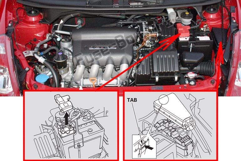 Sigortaların motor bölmesindeki yeri: Honda Fit (GD; 2007-2008)