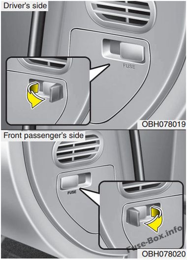 Sigortaların yolcu bölmesindeki yeri: Hyundai Equus / Centennial (2010, 2011, 2012)