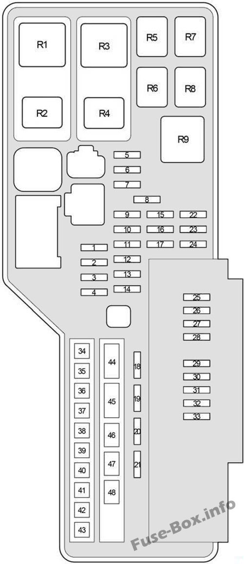 Kaputun altındaki sigorta kutusunun şeması: Lexus ES 350 (2006, 2007, 2008, 2009, 2010, 2011, 2012)