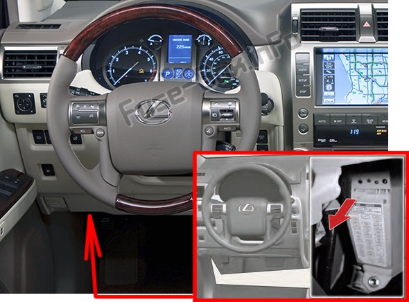 Sigortaların yolcu bölmesindeki yeri: Lexus GX460 (URJ150; 2010-2017)