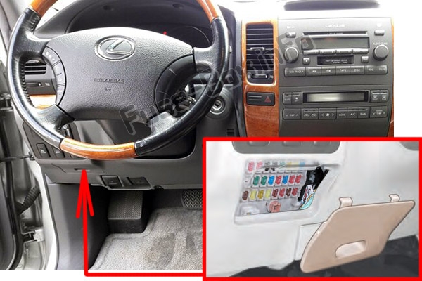 Sigortaların yolcu bölmesindeki yeri: Lexus GX470 (J120; 2002-2009)