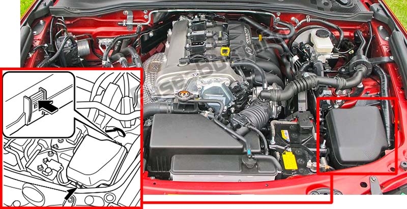 Sigortaların motor bölmesindeki yeri: Mazda MX-5 Miata (ND; 2016-2019 ..)