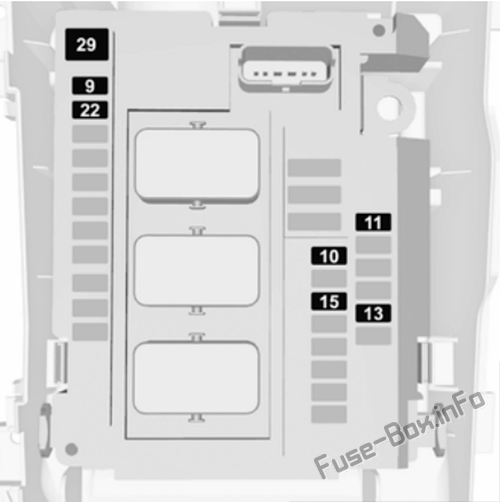 Kaputun altındaki sigorta kutusunun şeması (ver.1): Opel (Vauxhall) Grandland X (2017, 2018, 2019, 2020 ..)