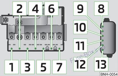 Kaputun altındaki sigorta kutusunun şeması (ver. 2): Skoda Rapid (2012, 2013, 2014, 2015)