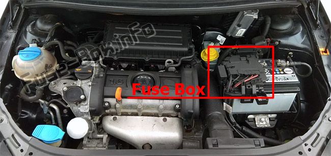 Sigortaların motor bölmesindeki yeri (MT, DSG): Skoda Roomster (2006-2015)