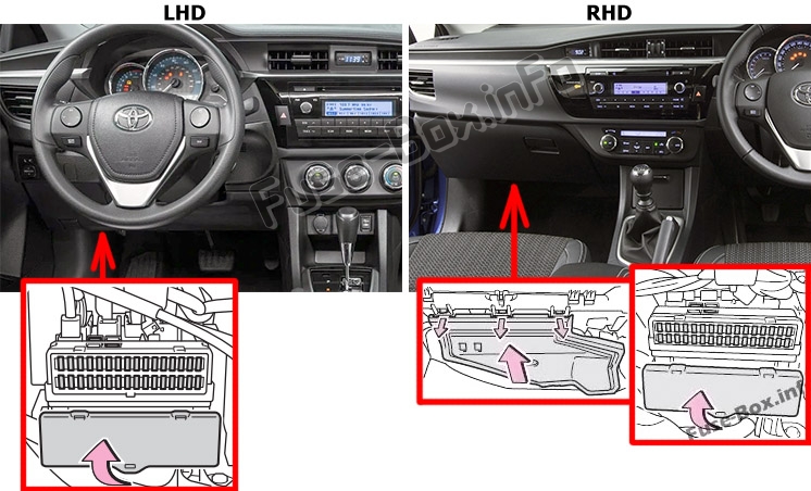 Sigortaların yolcu bölmesindeki yeri: Toyota Corolla / Auris (E160 / E170 / E180; 2013-2018)