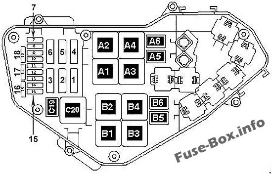 Kaputun altındaki sigorta kutusunun şeması: Volkswagen Touareg (2006, 2007, 2008, 2009, 2010)